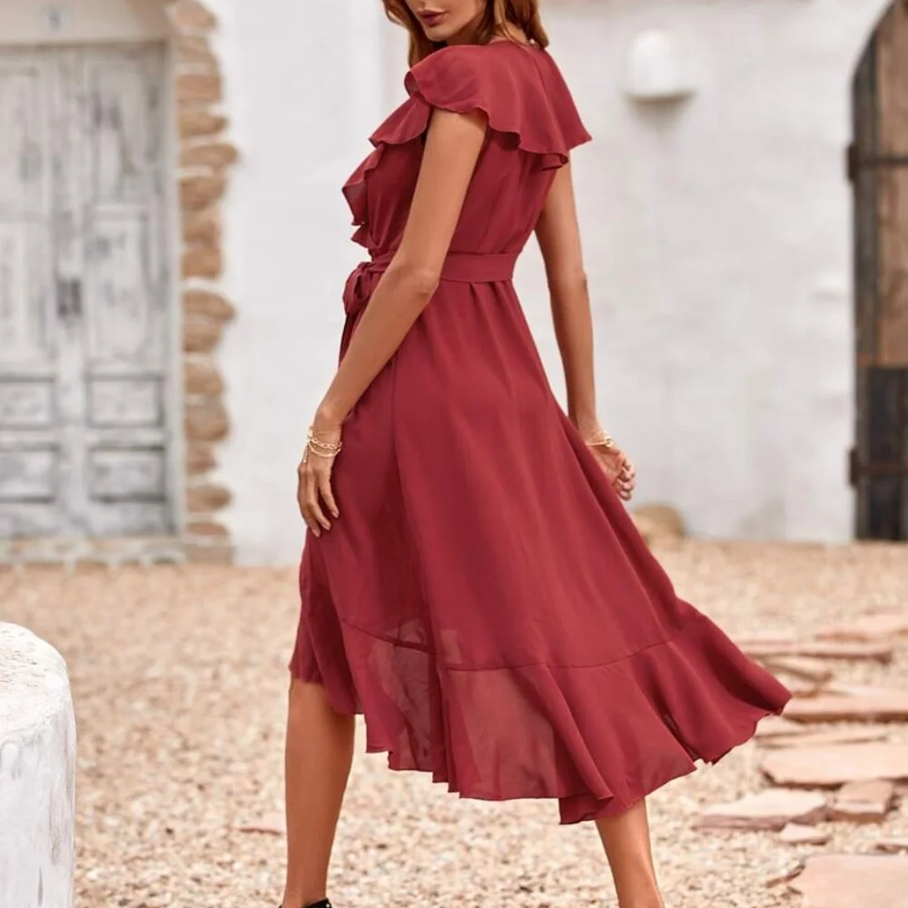 Boho Navy Blue  ruffle hem wrap belted Maxi Dress - Picture 10 of 13